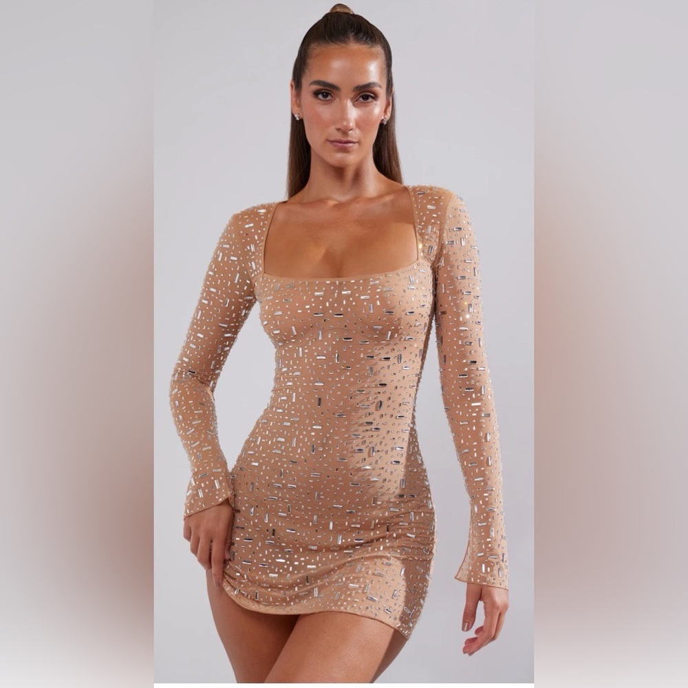Oh Polly Tan mesh Long Sleeve Dress with Silver Accents